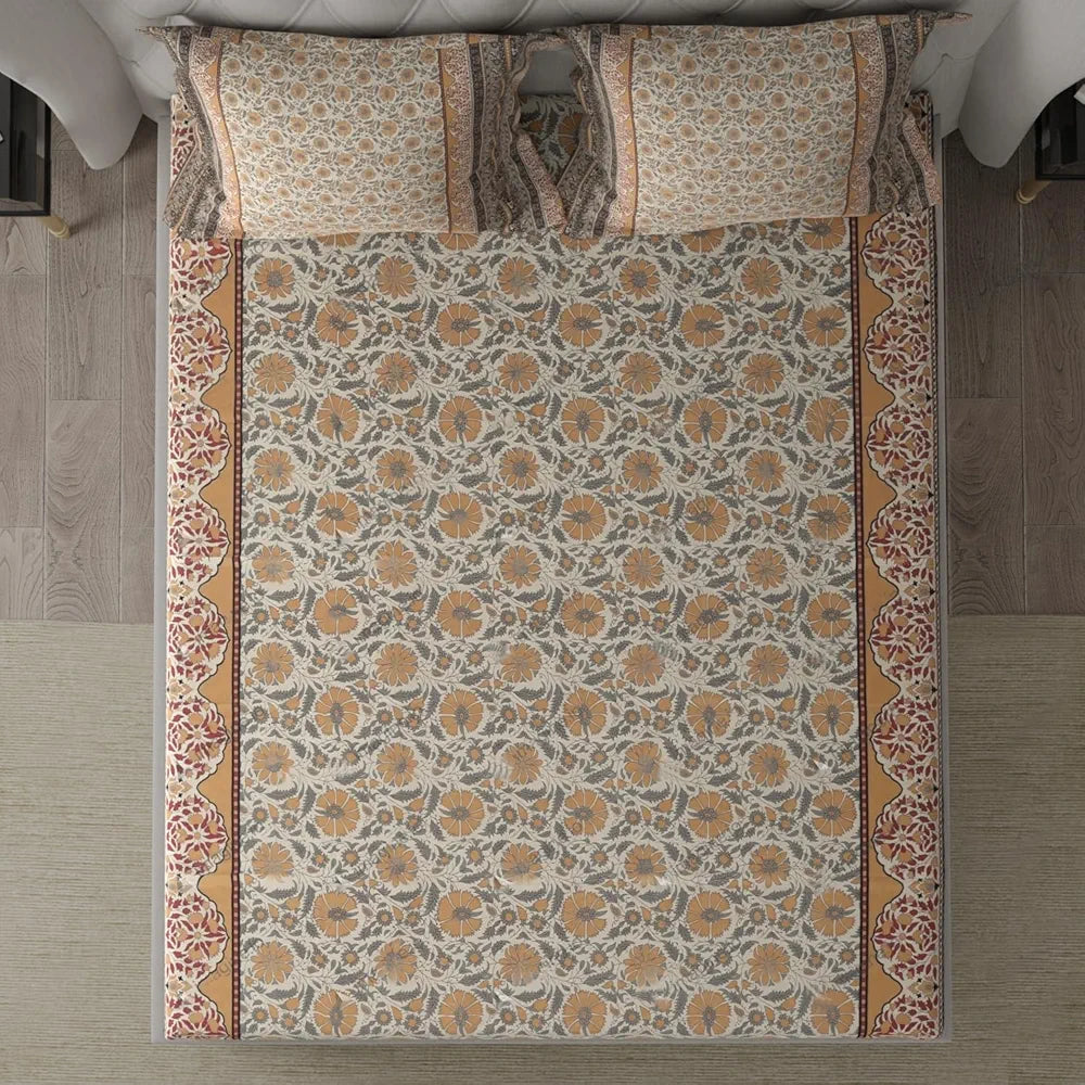 Cloth Fusion 186tc Glace Cotton Elastic Fitted Bedsheet for Double Bed King Size with 2 Pillow Covers Floral Beige