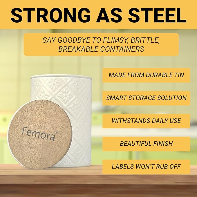 Femora Kitchen Storage Jars Tin Jar With Wooden Lid Air Tight Jar | 900 Ml | Pack of 2