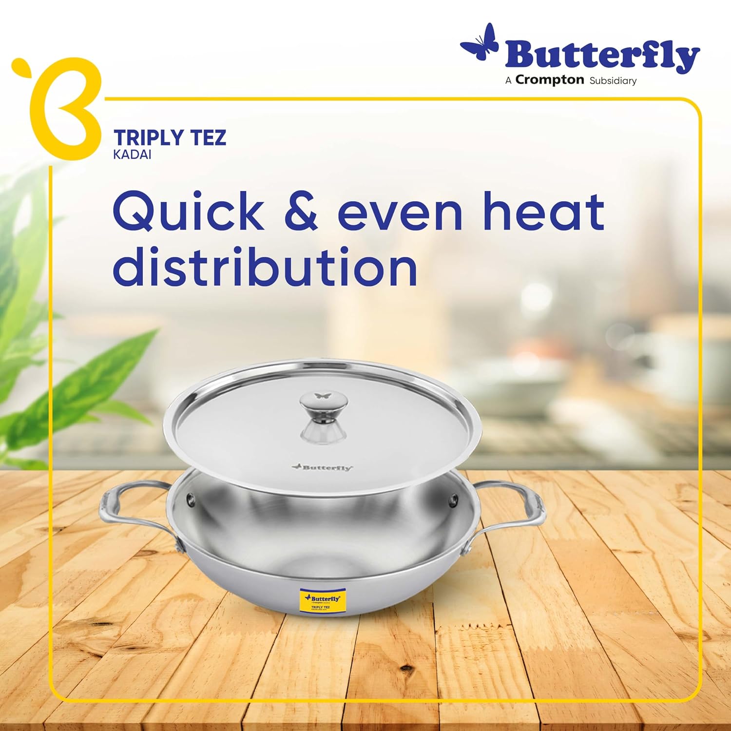 Butterfly Tez Triply Kadai with Lid | 26 CM | 3 Litre| Stay Cool Handle | Induction Compatible