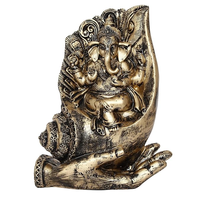 Ecraftindia Lord Ganesha Sitting on a Hand Base Handcrafted Decorative Polyresin Figurine