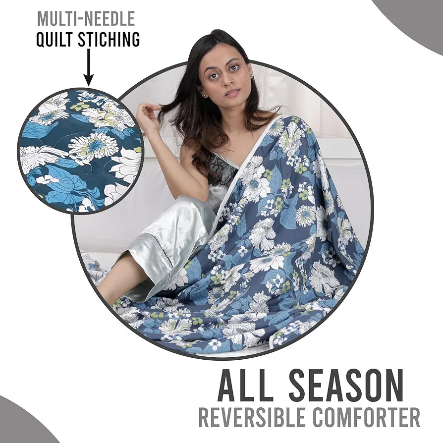 Divine Casa Microfibre All Weather Lightweight 120 GSM Printed Reversible Single Bed Size Quilt Comforter Blanket TC - 120 Colour Navy Blue and White