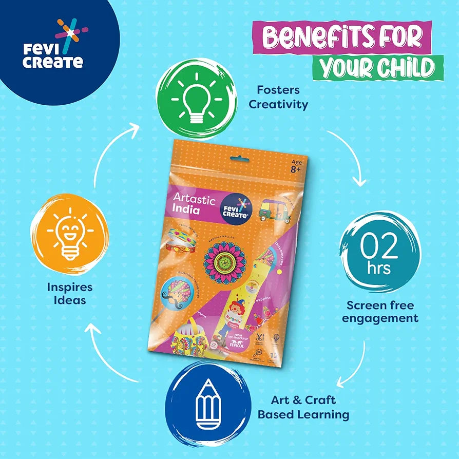 Fevicreate Artastic India Craft Kit | Project Book with 12 Educational Activities, Colours, Craft Supplies | Fun way to boost child's knowledge | By Fevicol | Return Gift for Kids Age 8+ years