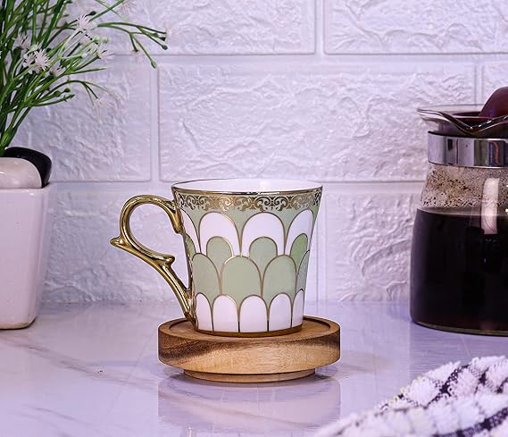 Femora Water Drop Scale Pattern Golden Tea Mugs, Ceramic Tea Cups, Coffee Mugs | 160 Ml | Green | 6 Pieces Set | Not Microwave Safe