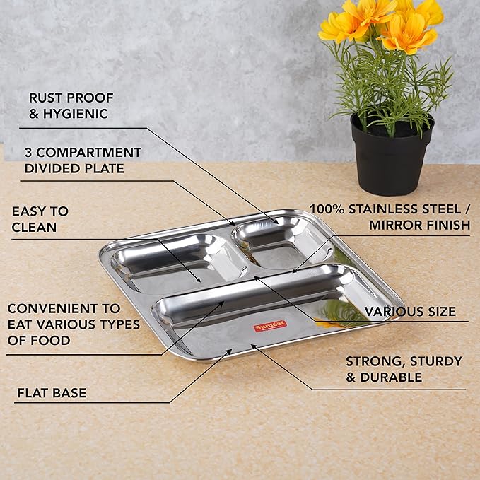 Sumeet Stainless Steel 3 in 1 Compartment plate Set of 3Pcs 24.5 cm Silver