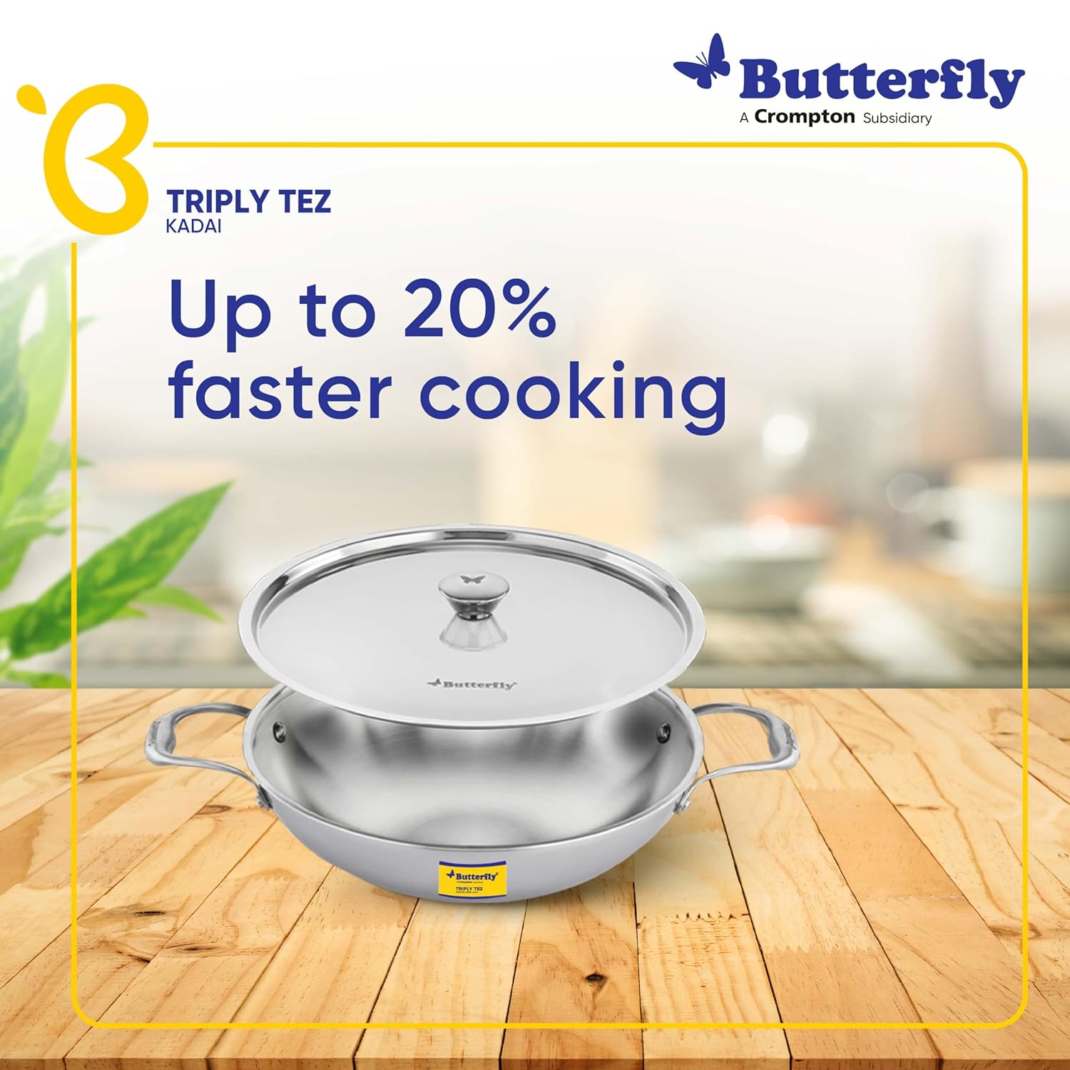 Butterfly Tez Triply Kadai with Lid | 26 CM | 3 Litre| Stay Cool Handle | Induction Compatible