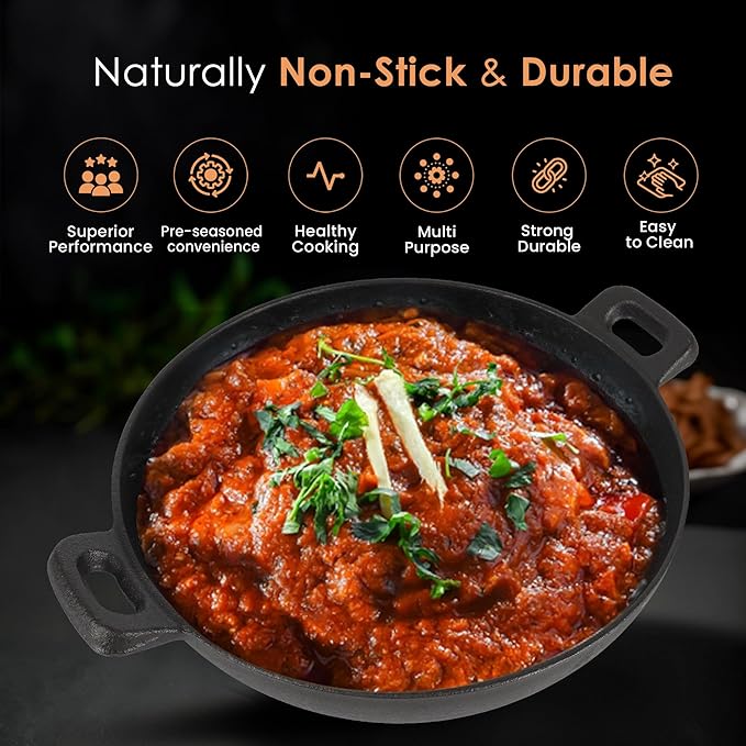 Solara Crownstone Premium Cast Iron Kadai 25 Cm, 2.1 Kg | Naturally Nonstick Cast Iron Kadai With 2 Loop Handles