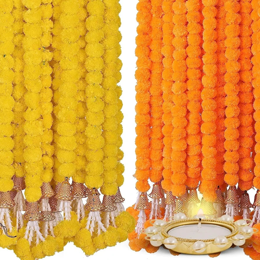 Artificial Genda Phool for Decoration Flowers Garland with Bell 5 Feet Long 10 Pcs with 2 Diya Yellow+Orange