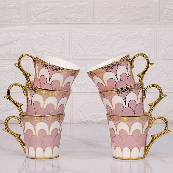 Femora Water Drop Scale Pattern Golden Coffee Mugs | 160 Ml | Pink | 6 Pieces Set | Not Microwave Safe