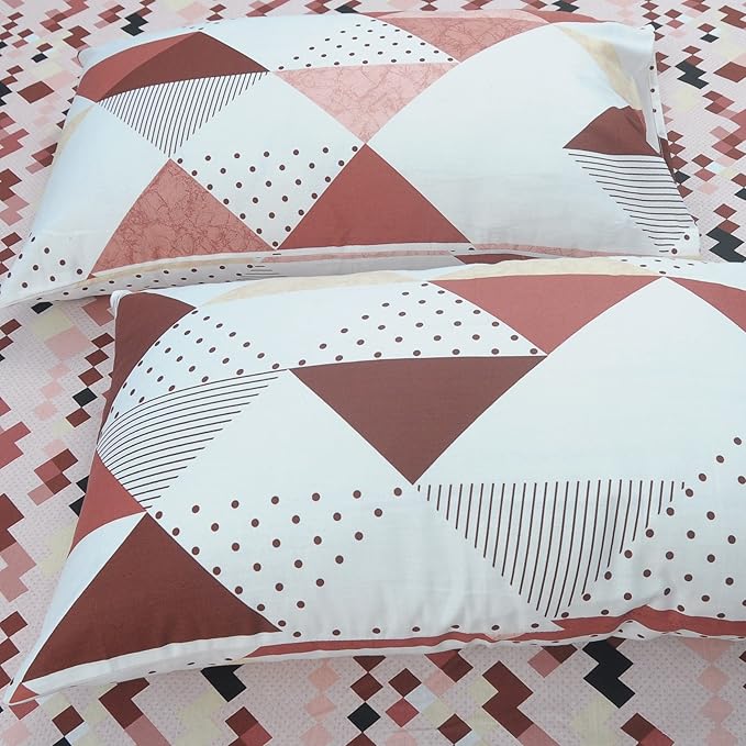 Huesland by Ahmedabad Cotton 186 TC Bedsheet for King Size Bed with 2 Pillow Covers | Brown, Brick & White