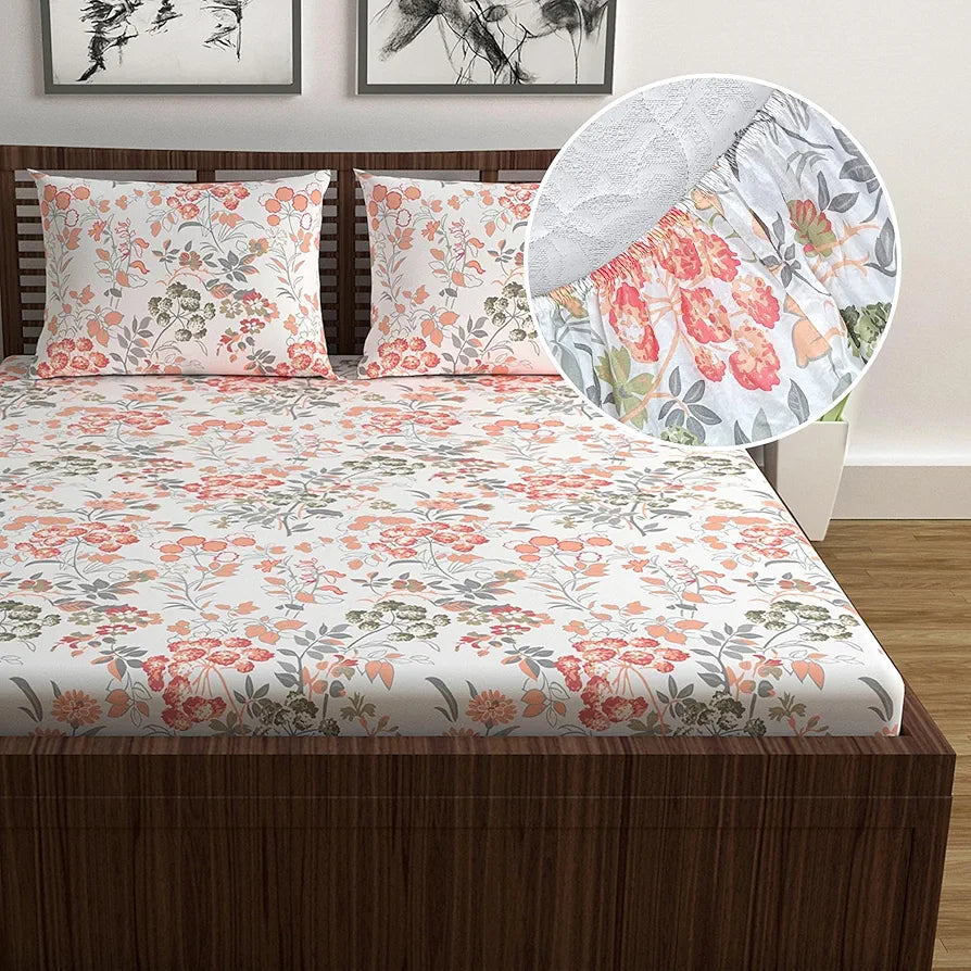 Divine Casa 144 TC 100% Cotton Floral Print Super Soft Fitted Bedsheet for Double Bed Peach Color