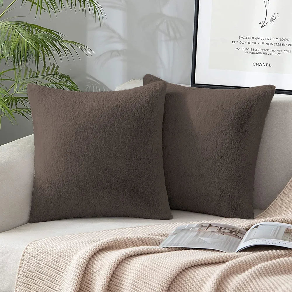 Luxe Home Cushion Cover One Side Rabbit Fur Plain Design Covers Set of 2 Colour Cocoa