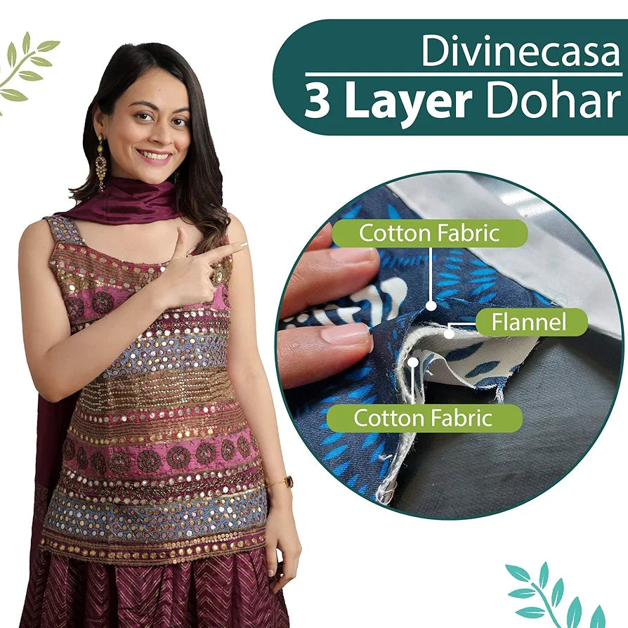 Divine Casa Floret 100% Cotton Single Dohar 120 GSM Soft & Lightweight Throw Blanket Colour Green Blue