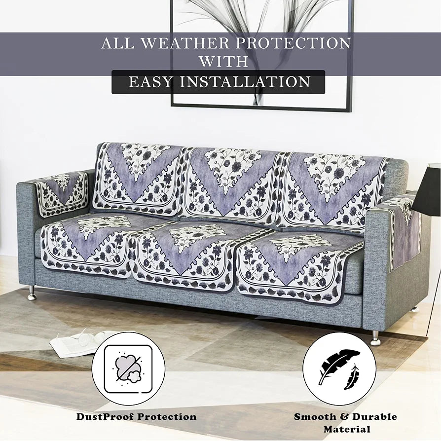 Kuber Industries Sofa Cover Net Sofa Slipcover Set 5-Seater Sofa Cover Flower Digital Triangle Border-753 Grey