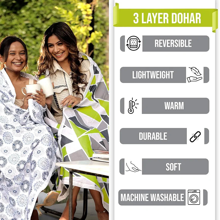 Divine Casa Emeraled 100% Cotton 120 GSM Reversible Triangle Geometric Printed Single Bed AC Dohar Blanket for Mild Winter Colour Jolly Green TC - 144