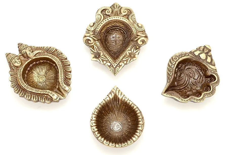 Two Moustaches Auspicious Set of 4 Brass Diyas Brass