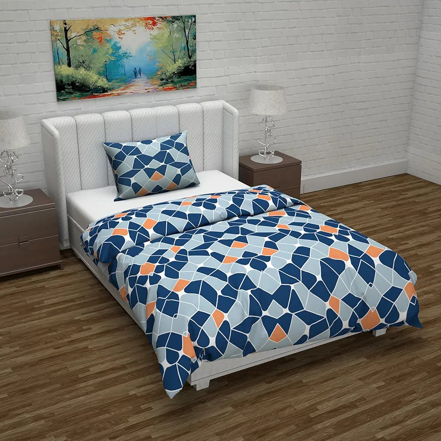 Divine Casa Microfiber Reversible Single Bed AC Duvet Cover with 1 Pillow Cover for Quilt Comforter Blanket Colour Blue & Orange