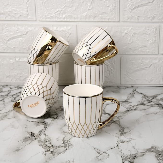 Femora Gloden Branch Pattern Golden Tea Mugs, Ceramic Tea Cups, Coffee Mugs | 160 Ml | Golden | 6 Pcs Set | Not Microwave Safe