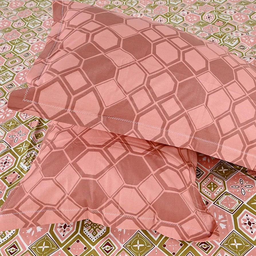 Divine Casa 144 TC Pure Cotton Double Bedsheet with 2 Pillow Covers Geo Nordic Hexa Colour Mustard Rose Pink