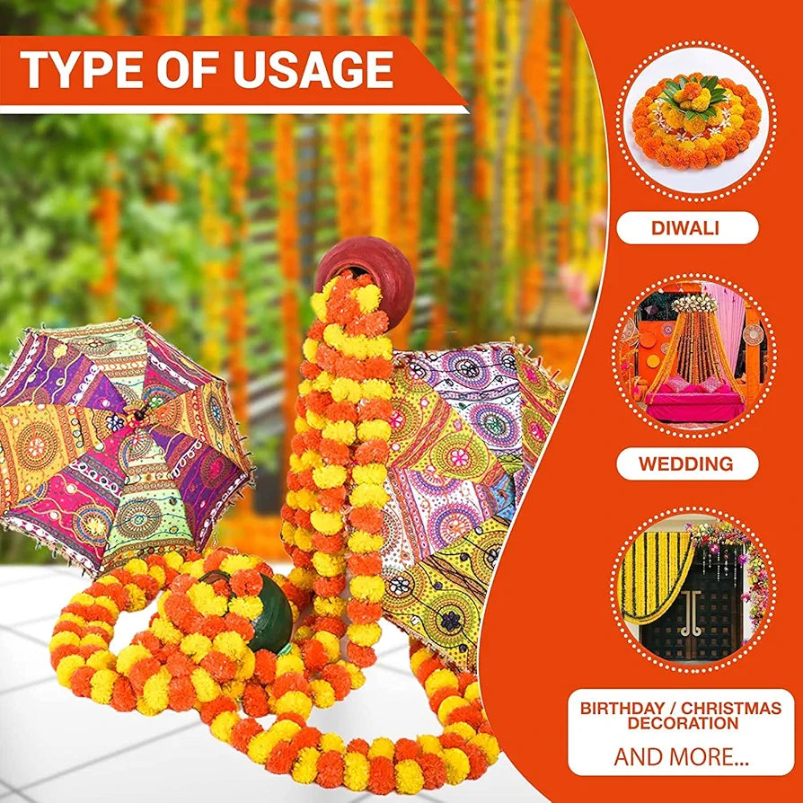 Artificial Marigold Flowers for Decoration Garland 5 Feet Long 5pcs Multicolour