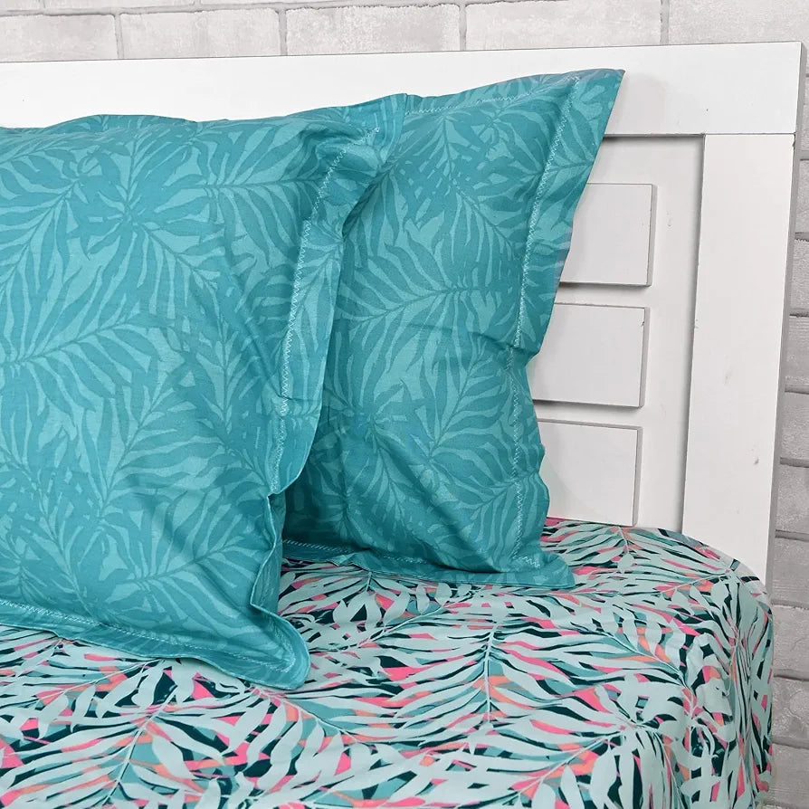 Divine Casa 144 TC 100% Cotton Double Bedsheet with 2 Pillow Covers Tropical Leaf Colour Light Blue Pink