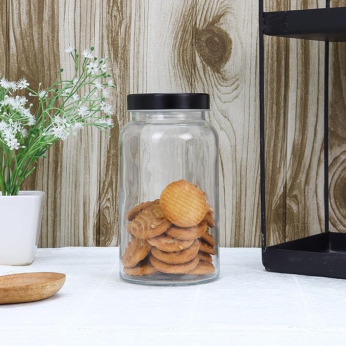 Femora Kitchen Storage Jars Clear Glass Jar With Steel Lid Air Tight Jar | 1000 Ml | Pack of 6 | Black Lid
