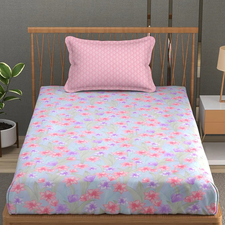 Fresh From Loom Microfiber Soft Cotton Single Bedsheet 200 TC Single Size Soft Bed Cover with 1 Pillow Cover Tropical Blue