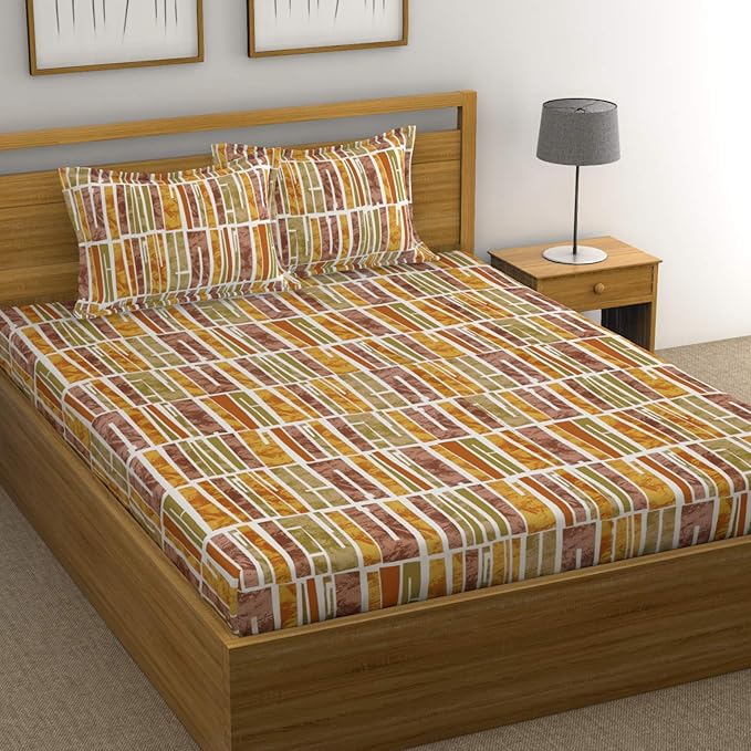 Huesland by Ahmedabad Cotton 144 TC Cotton King Size Bedsheet with 2 Pillow Covers - Orange, Green & Brown
