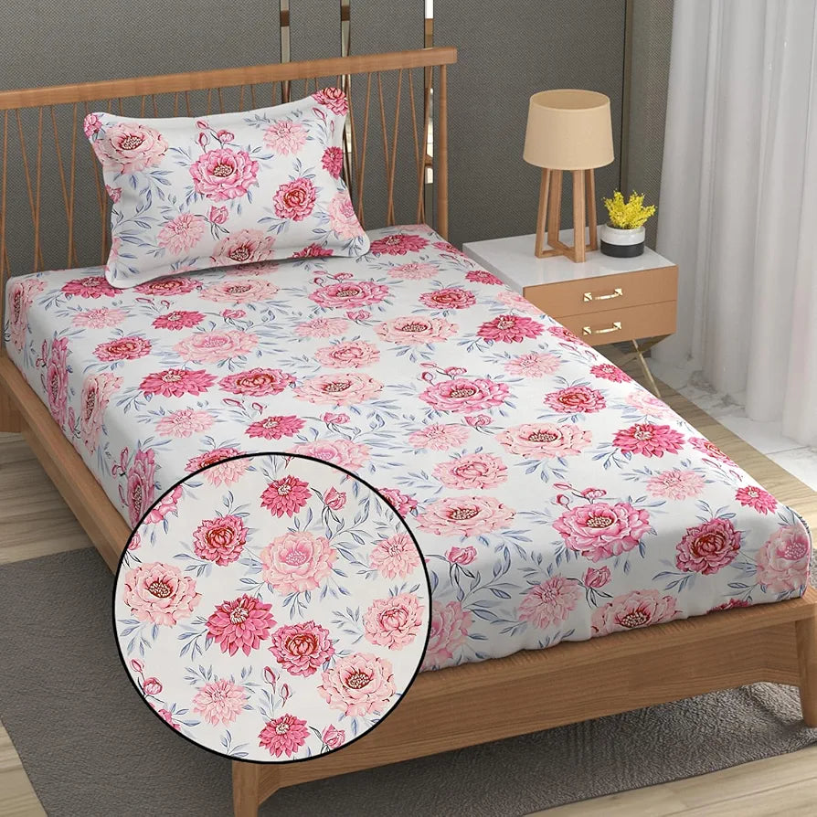 Fresh From Loom Floral Print 240 TC Single Bed Microfiber Bedsheet Set 1 Pillow Covers Rose-Offwhite