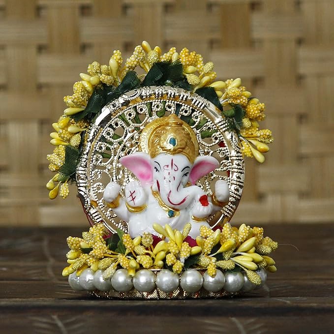 Ecraftindia Resin Handcrafted Lord Ganesha Idol on Yellow Floral Decorative Plate | Ganesha Idol