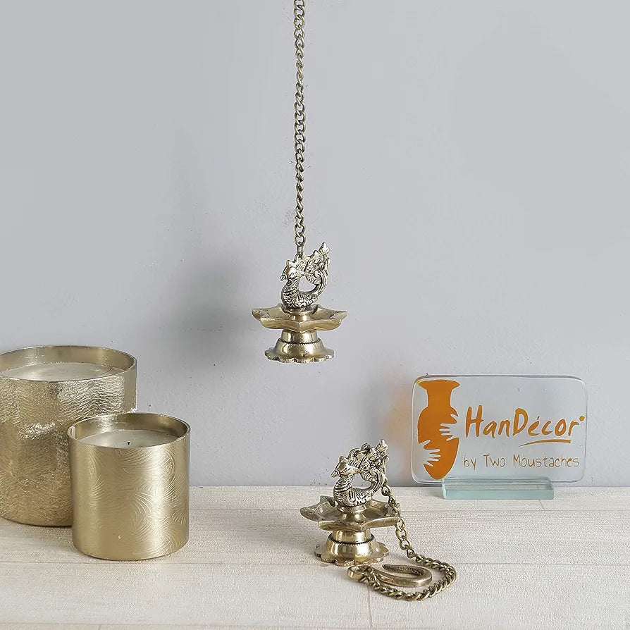 Two Moustaches Brass Peacock Carved Hanging Diya Set Antique Yellow -Pack of 2