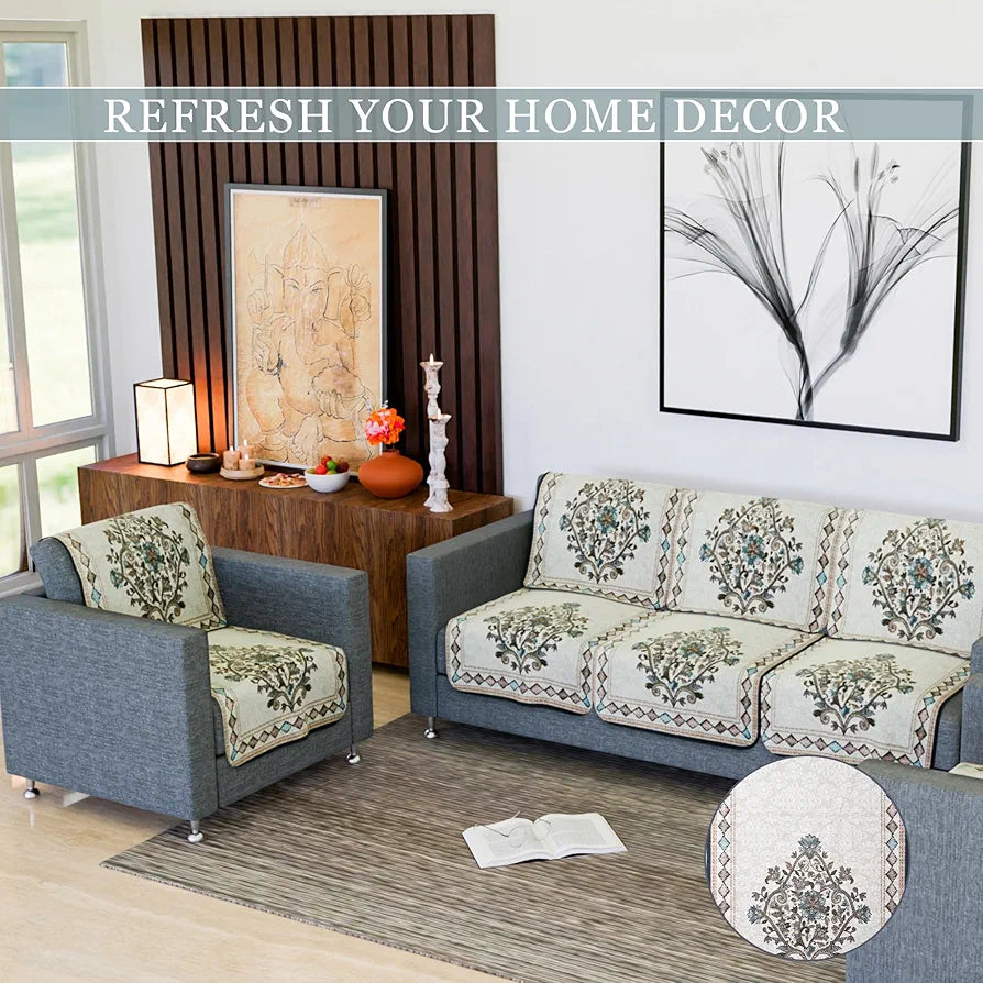 Kuber Industries Sofa Cover Net Sofa Slipcover Set 5 Seater Sofa Cover Flower Digital Embroidery Print-730 Green