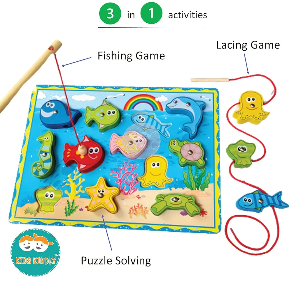 KIDS KINDLY Wooden Magnetic Fishing Game for Kids, Thread Lacing Activity, Promotes Fine Motor Skills, Improve Hand-Eye Coordination, Increases Attention, Fish Catching Game for Kids - 3 Years+
