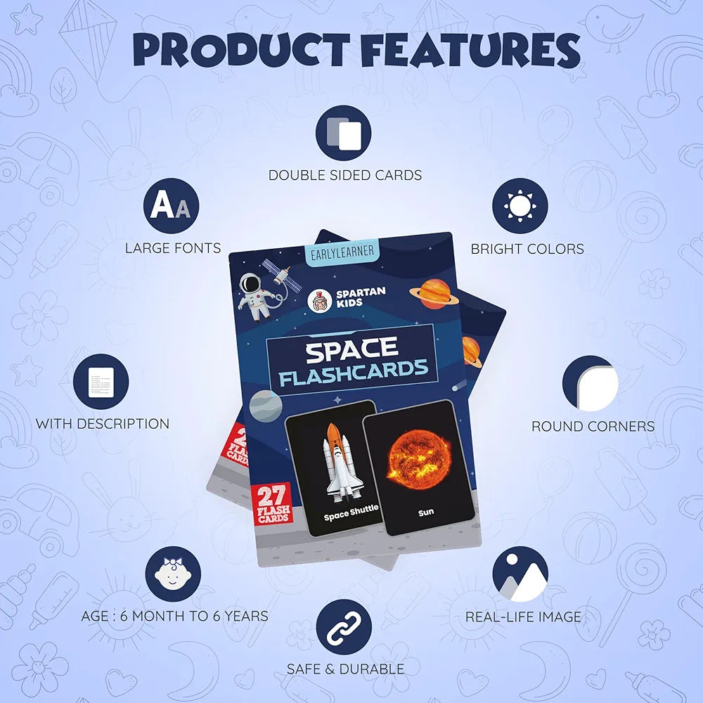 SPARTAN KIDS® Space Flash Cards for Kids | 27 Early Learning Flash Cards Easy & Fun Way of Learning 1 Year to 6 Years Babies