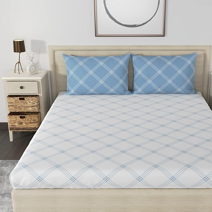 Huesland by Ahmedabad Cotton 186 TC King Size Bedsheet Cotton with 2 Pillow Covers | White & Blue