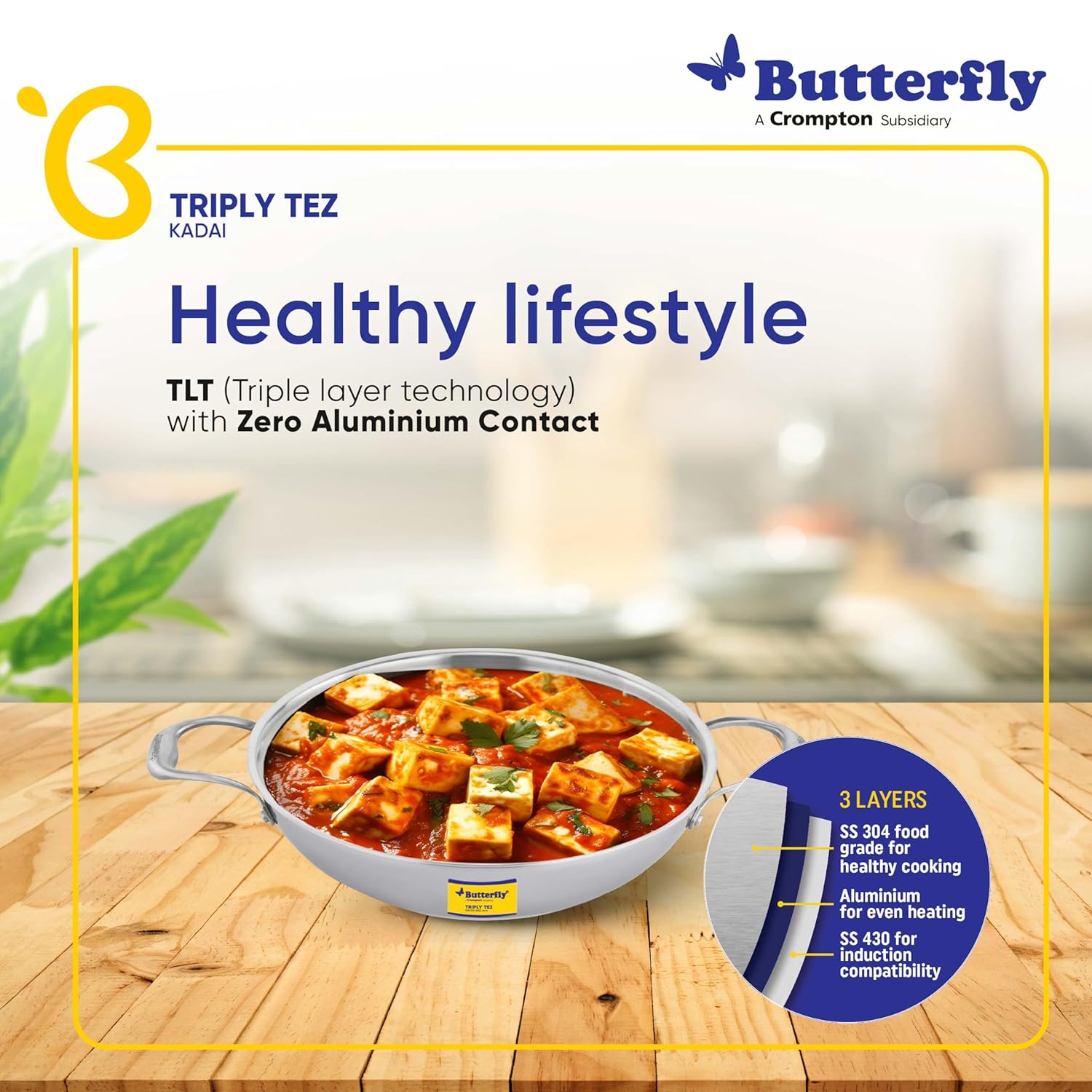 Butterfly Tez Triply Kadai with Lid | 26 CM | 3 Litre| Stay Cool Handle | Induction Compatible