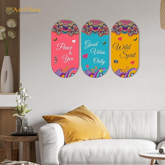 Artvibes Positive Quote Wooden Wall Hanging Decoration Items for Home | Mdf Wall Decoration for Living Room | Set of 3