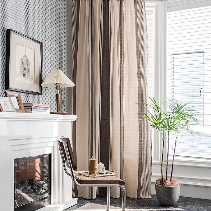 Huesland Cotton Curtains for Windows, 5 Feet Long 1 Bohemian Eyelet Curtain | Beige & Grey Stripes