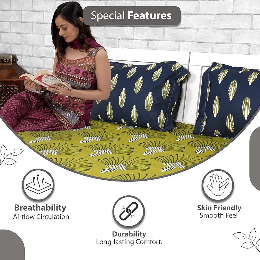 Divine Casa 144 TC 100% Cotton Bedsheet for Double Bed with 2 Pillow Cover Colour Olive Navy