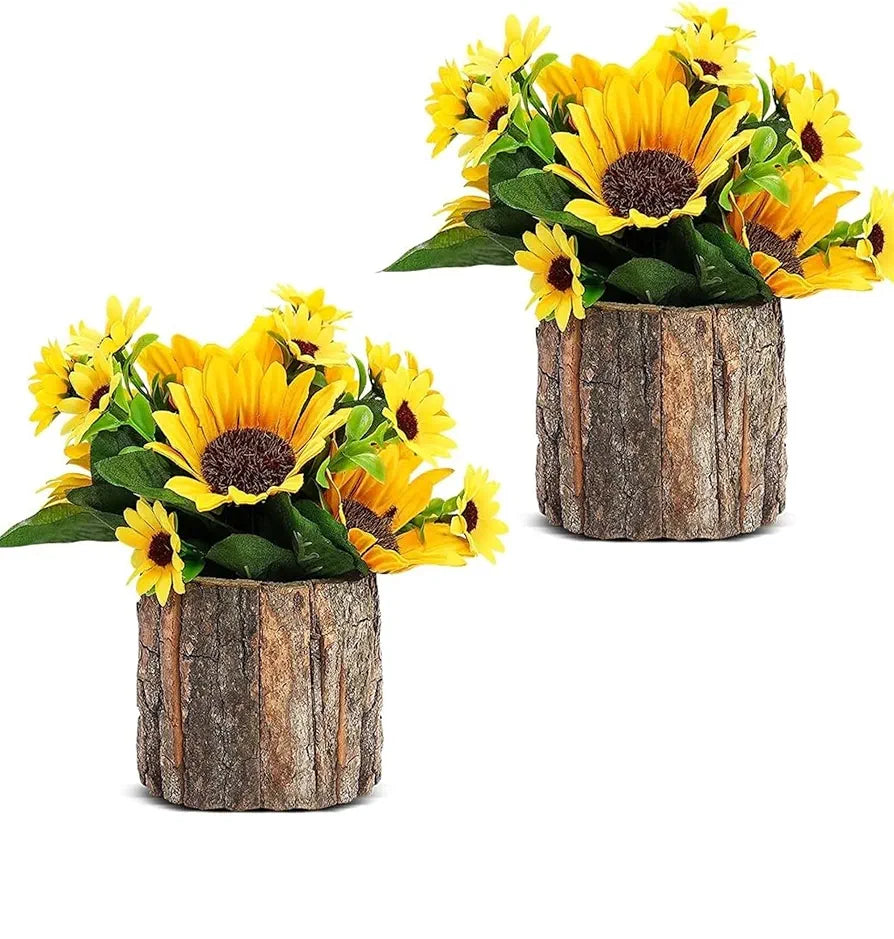 Wood Artificial Flowers Fake Flowers/Mini Potted Artificial Plants with Bark Pot Small Indoor Yellow