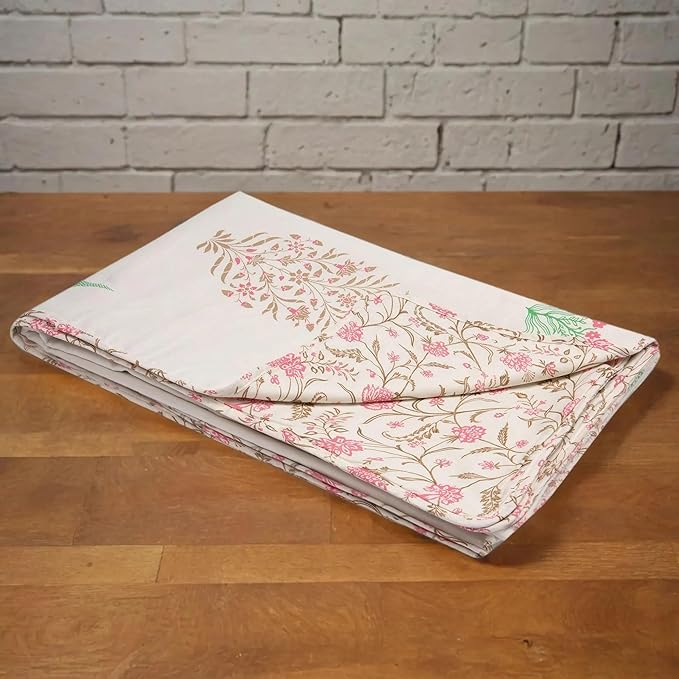 Huesland 100% Cotton Reversible Dohar Single Bed Cotton | Soft Cambric Weave, All Weather Light Ac Blanket Botanical Fusion - Ivory, Brown & Pink