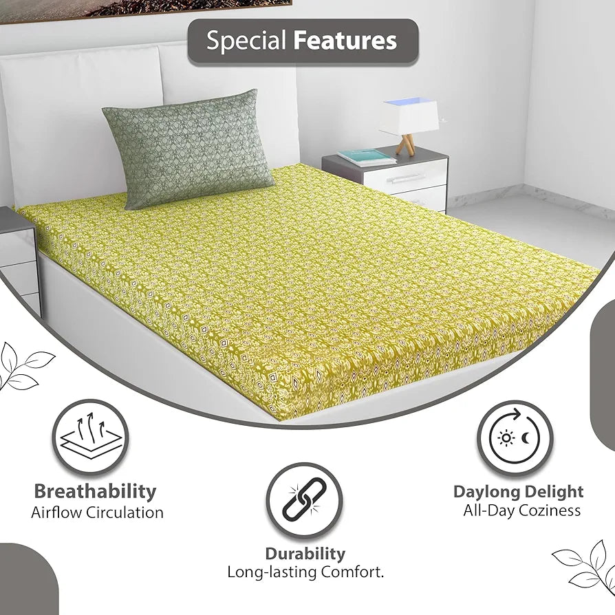 Divine Casa 144 TC 100% Pure Cotton Single Bedsheet with 1 Pillow Cover Ikat Diamond Print Colour Mustard Yellow