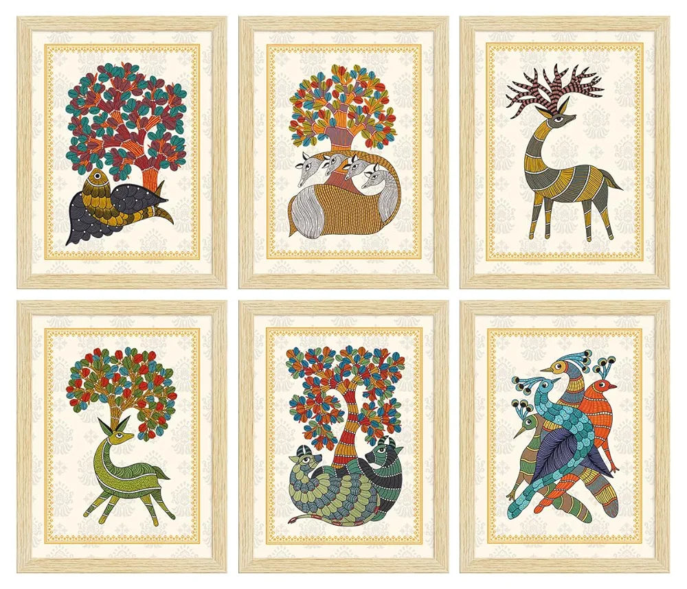 ArtX Paper Indian Gond Art Paintings with Frame Gond-SO6-02 Set of 6