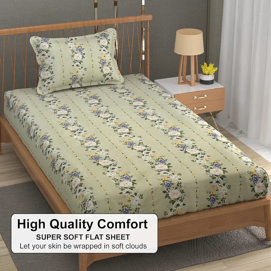 Fresh From Loom Soft Floral Print Microfiber Single Bed Bedsheet Set 240 TC 1 Pillow Covers Multicolor Pale-Leaf