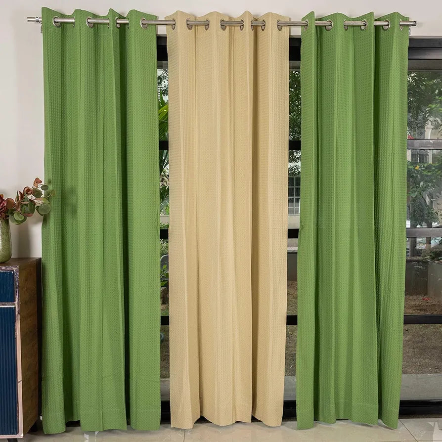 Urban Space Cotton Waffle Weave Curtains for Window Set of 3 Curtains 5 feet Long Room Darkening Tieback & Eyelets Included with Curtains Sage Green & Beige