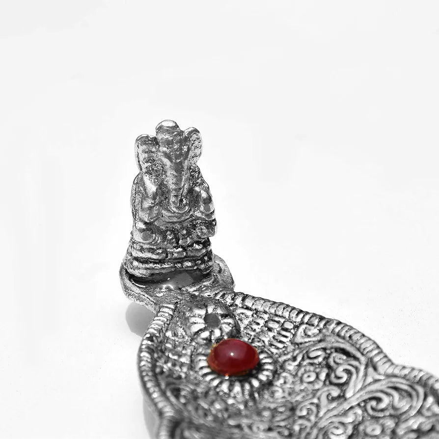 Pure Source India Aluminum Incense Holder & Ash Catcher Agarbatti Stand Featuring Ganesh Figurine Silver