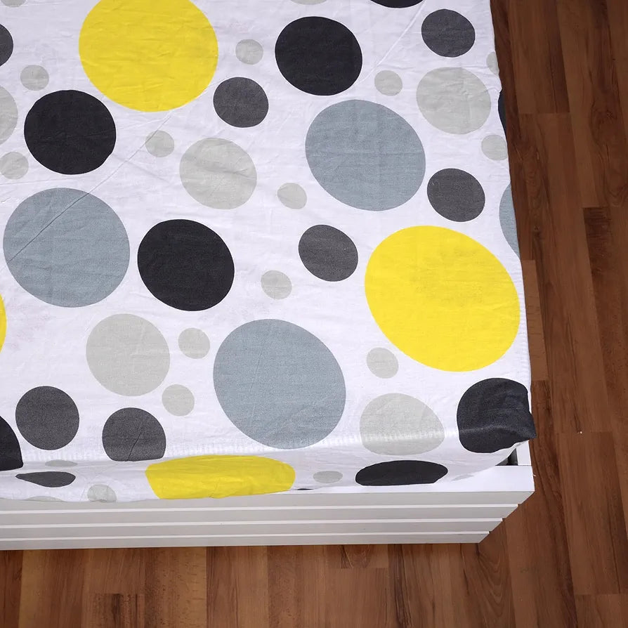 Divine Casa 144 TC Polka Print Yellow Skin Friendly 100% Cotton Elastic Fitted Bedsheets King Size Colour Quarry