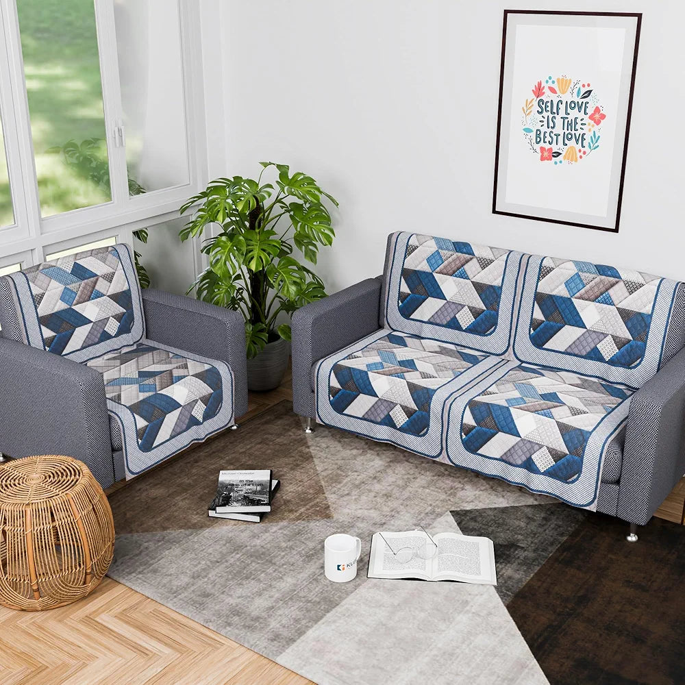 Kuber Industries Set of 6 Velvet 2+1 Seater Sofa Covers Triangular Grey & Blue