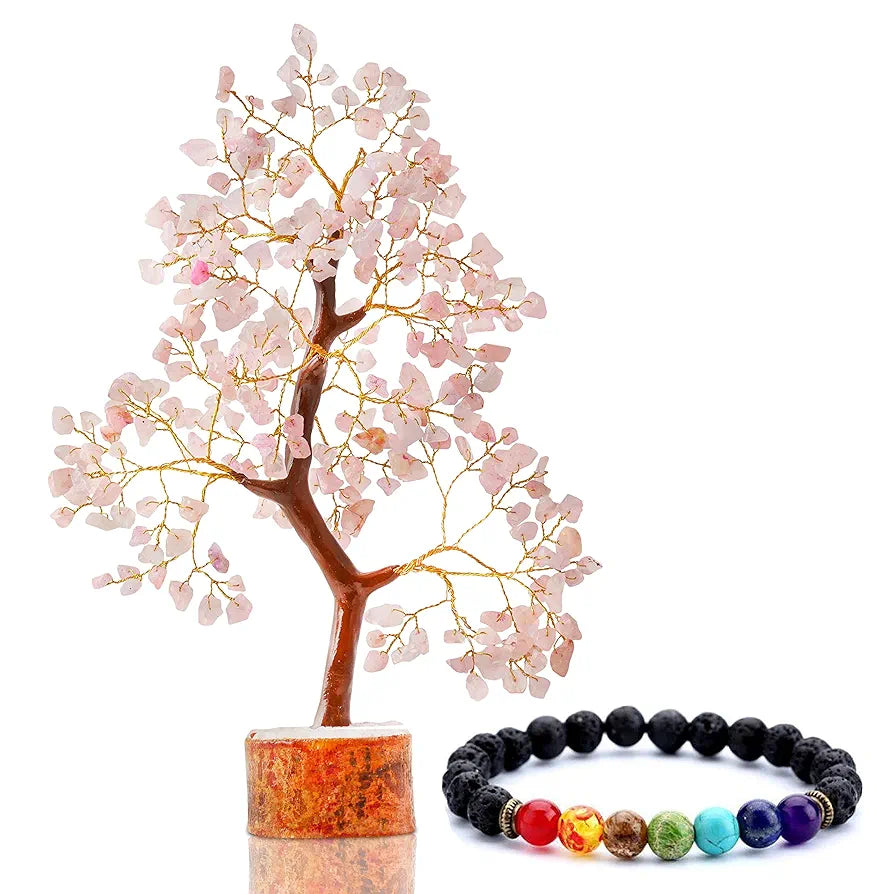 Reikved Rose Quartz Pink Crystal Gemstone Bonsai Money Tree with Chakra Bracelet