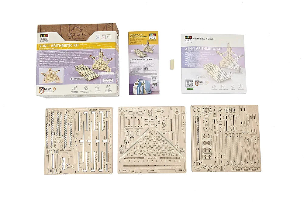 UGEARS STEM Arithmetic Kit 2 in1 Model Kit - Creative 3D Wooden Puzzles for Adults, Teens and Children - DIY Mechanical Science Kit for Self Assembly - Educational and Engineering 3D Puzzles with App
