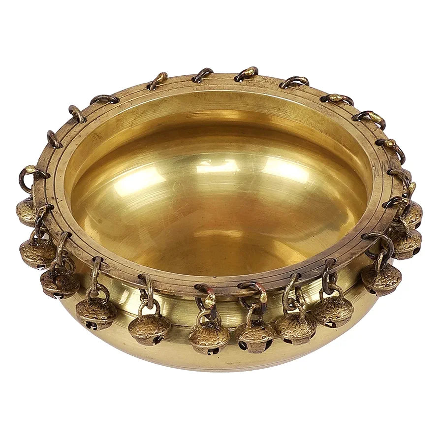 Two Moustaches Ethnic Traditional 6 Inches Brass Urli Bowl with Bells